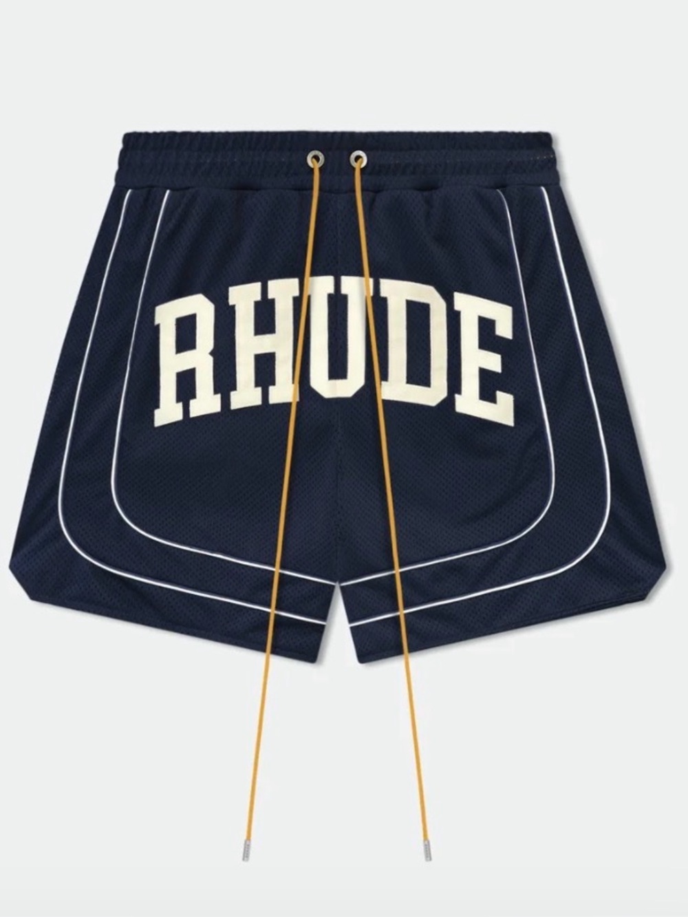 RHUDE BAGGY COLLEGIATE LOGO SHORT NAVY / CREAM Men's Size Medium Mesh Logo Short
